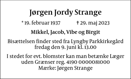 Dødsannoncen for Jørgen Jordy Strange - Lyngby