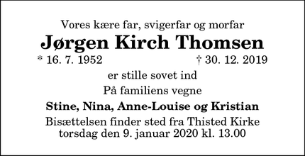Dødsannoncen for Jørgen Kirch Thomsen - Thisted 