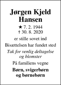 Dødsannoncen for Jørgen Kjeld Hansen - Vemmelev