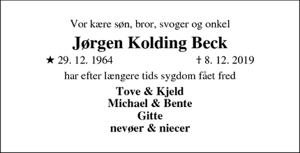 Dødsannoncen for Jørgen Kolding Beck - Vejle