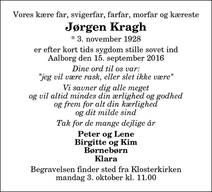 Dødsannoncen for Jørgen Kragh - Blokhus