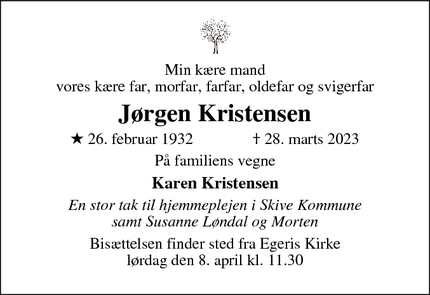 Dødsannoncen for Jørgen Kristensen - Skive