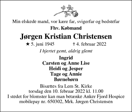 Dødsannoncen for Jørgen Kristian Christensen - Lem St.
