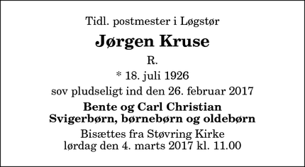 Dødsannoncen for Jørgen Kruse - Hobro