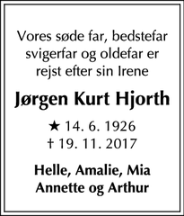 Dødsannoncen for Jørgen Kurt Hjorth - 2830 Virum