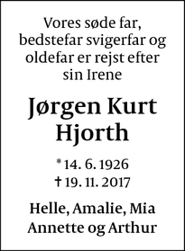 Dødsannoncen for Jørgen Kurt Hjorth - 2830 Virum