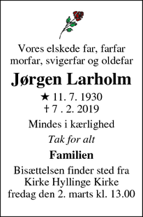 Dødsannoncen for Jørgen Larholm - Kirke Hyllinge