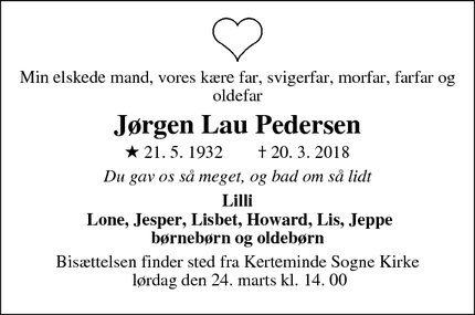 Dødsannoncen for Jørgen Lau Pedersen - Kerteminde