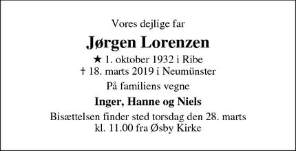 Dødsannoncen for Jørgen Lorenzen - Gedsted