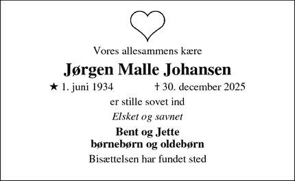 Dødsannoncen for J&oslash;rgen Malle Johansen - Sulbæk