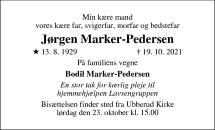 Dødsannoncen for Jørgen Marker-Pedersen - Odense Ejstrup