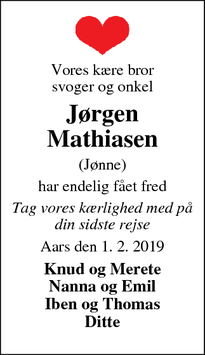 Dødsannoncen for Jørgen Mathiasen - Aars