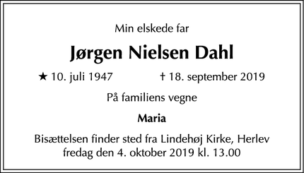 Dødsannoncen for Jørgen Nielsen Dahl - Herlev