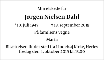 Dødsannoncen for Jørgen Nielsen Dahl - Herlev