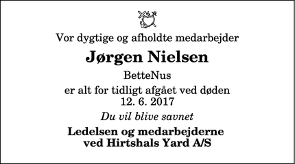 Dødsannoncen for Jørgen Nielsen - Hirtshals