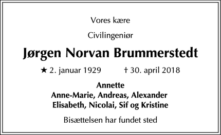 Dødsannoncen for Jørgen Norvan Brummerstedt - Hørsholm