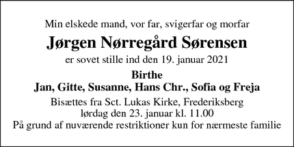 Dødsannoncen for Jørgen Nørregård Sørensen - frederiksberg