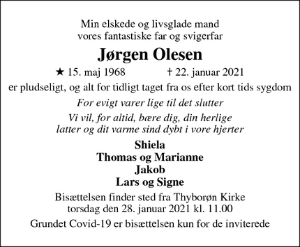 Dødsannoncen for Jørgen Olesen - Thybørn