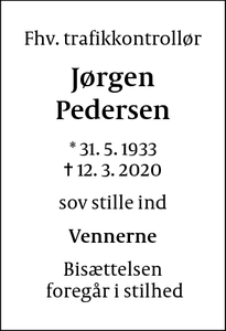 Dødsannoncen for Jørgen Pedersen - Brøndby Strand