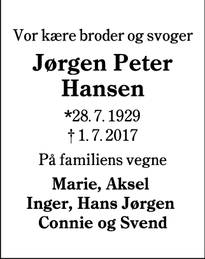 Dødsannoncen for Jørgen Peter Hansen  - Ølufvad 