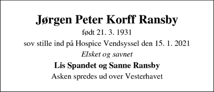 Dødsannoncen for Jørgen Peter Korff Ransby - Vejlby Toften 47, 8240 Risskov