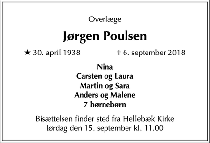 Dødsannoncen for Jørgen Poulsen - Hellebæk