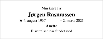 Dødsannoncen for Jørgen Rasmussen - Birkerød