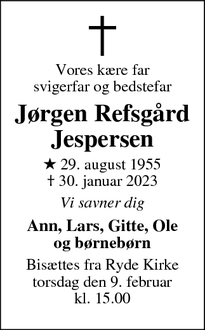 Dødsannoncen for Jørgen Refsgård
Jespersen - Ryde 
