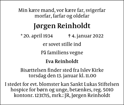 Dødsannoncen for Jørgen Reinholdt - Vanløse