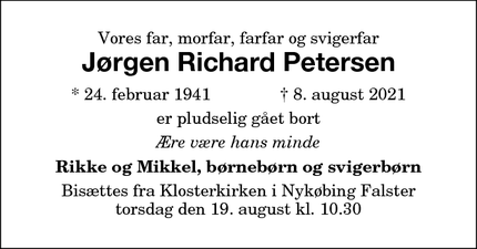 Dødsannoncen for Jørgen Richard Petersen - Smørum