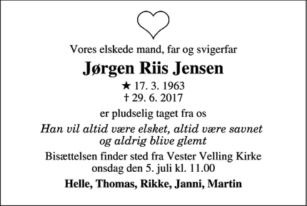 Dødsannoncen for Jørgen Riis Jensen - Vester Velling