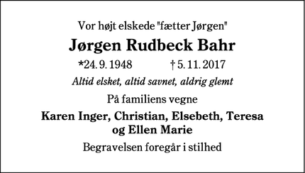 Dødsannoncen for Jørgen Rudbeck Bahr - Kolding