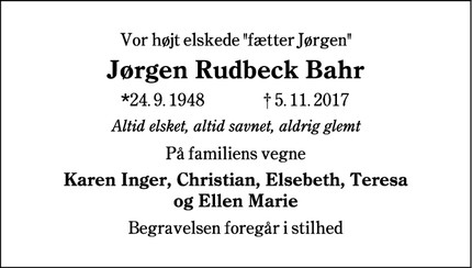 Dødsannoncen for Jørgen Rudbeck Bahr - Kolding