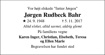 Dødsannoncen for Jørgen Rudbeck Bahr - Kolding
