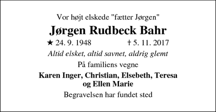 Dødsannoncen for Jørgen Rudbeck Bahr - Kolding