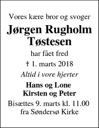 Dødsannoncen for Jørgen Rugholm Tøstesen - Langeskov