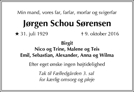 Dødsannoncen for Jørgen Schou Sørensen - København