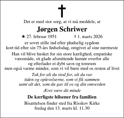 Dødsannoncen for J&oslash;rgen Schriwer - Ryomgård (Pindstrup)