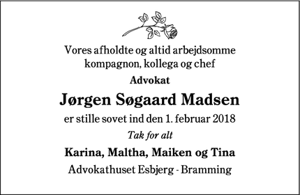 Dødsannoncen for Jørgen Søgaard Madsen - Bramming