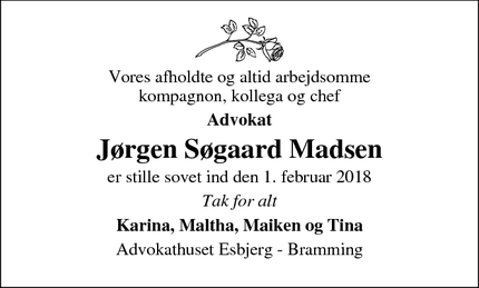 Dødsannoncen for Jørgen Søgaard Madsen - Bramming
