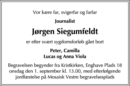 Dødsannoncen for Jørgen Siegumfeldt - Svaneke