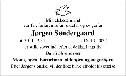 Dødsannoncen for Jørgen Søndergaard - Stensved