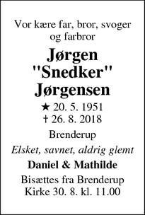 Dødsannoncen for Jørgen "Snedker" Jørgensen - Brenderup 5464