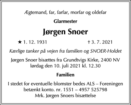 Dødsannoncen for Jørgen Snoer - København NV