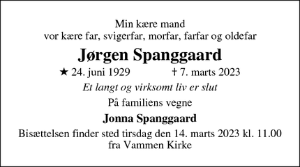 Dødsannoncen for Jørgen Spanggaard - Vammen