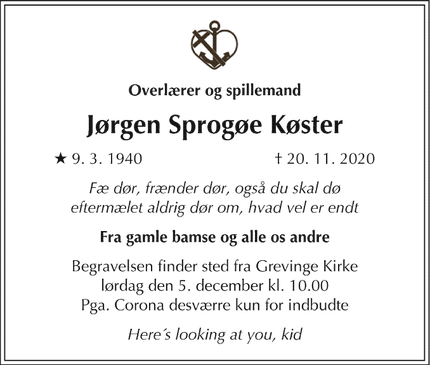 Dødsannoncen for Jørgen Sprogøe Køster - Grevinge