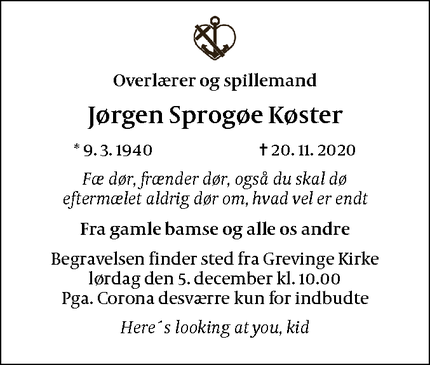 Dødsannoncen for Jørgen Sprogøe Køster - Grevinge