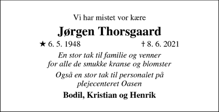 Dødsannoncen for Jørgen Thorsgaard - Viby Sjælland