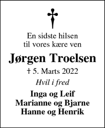 Dødsannoncen for Jørgen Troelsen - Oddense