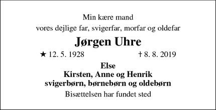 Dødsannoncen for Jørgen Uhre - Holte